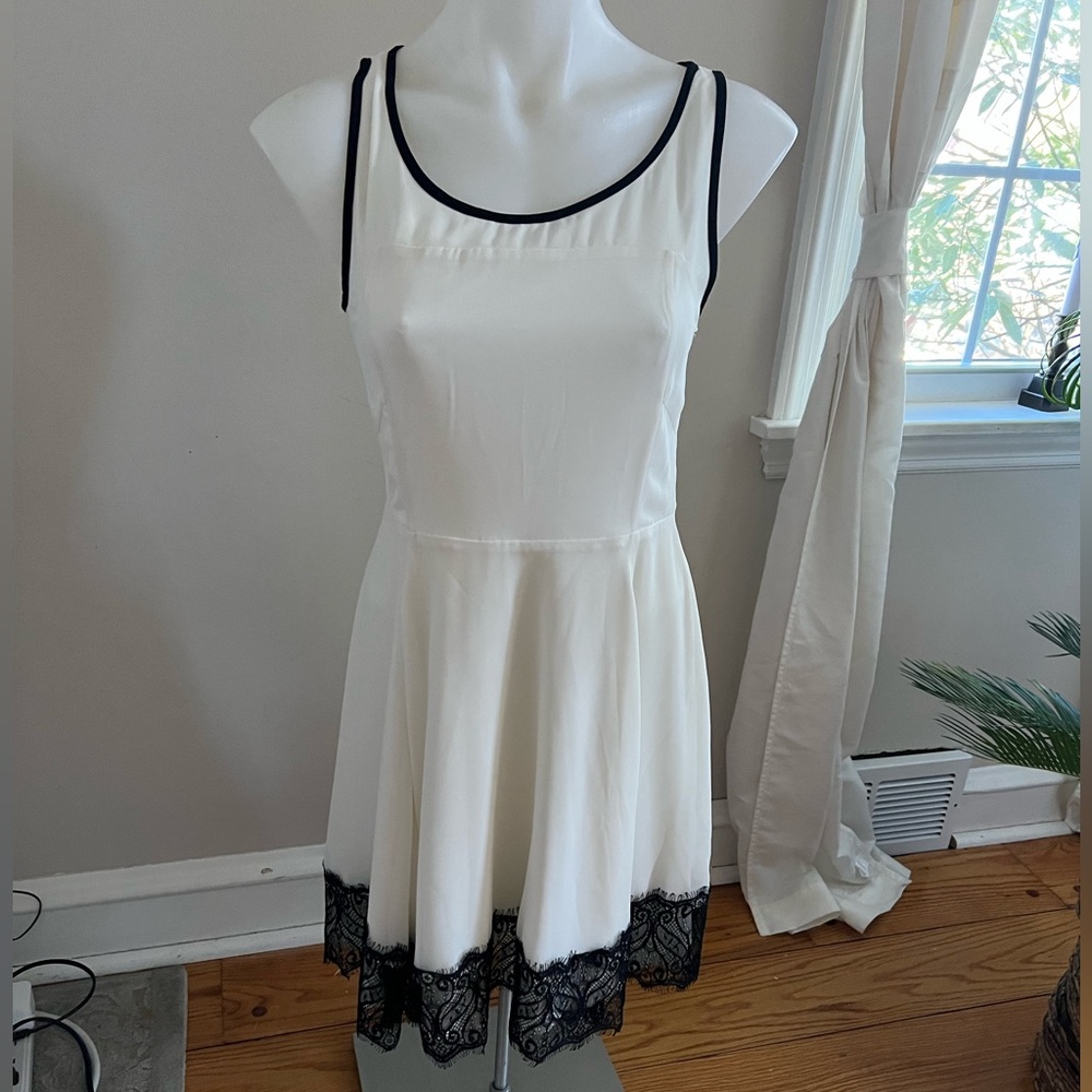 White Dress with Black Lace trim Fit and Flare dress